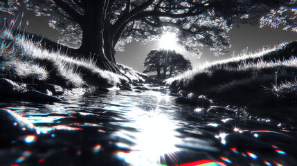 Naklejka premium Ethereal Monochrome Stream with Bright Sunlight and Chromatic Aberration