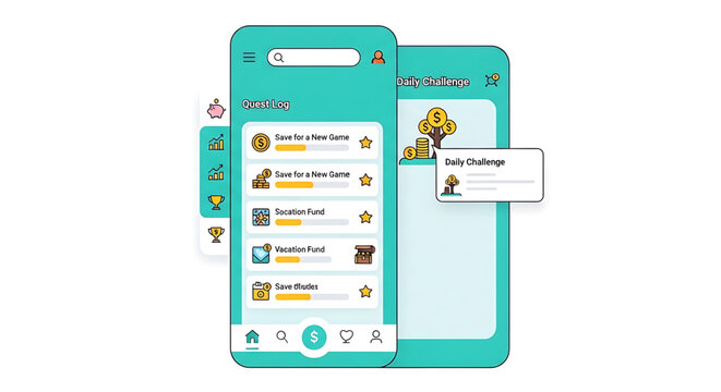 A vector graphic illustration of a mobile phone screen displaying a gaming app interface with various icons and buttons