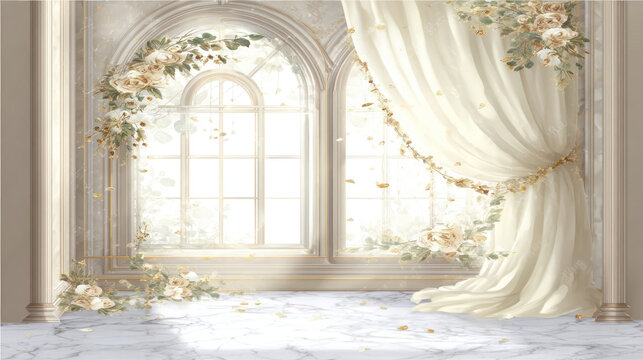 Wedding Arch Window Light Floral Draped Curtain