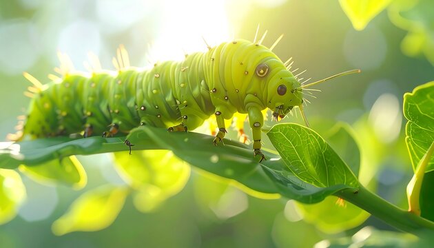 Caterpillar on Leaf in Sunlight Closeup.