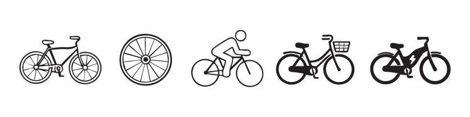 Fototapeta premium Set of minimalist black bicycle icons including a rider, various bike types, and a wheel. Ideal for urban transportation, fitness, and eco-friendly design projects.