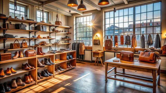 A sunlit artisan leather goods boutique showcasing handcrafted footwear and bags on wooden shelves and display tables