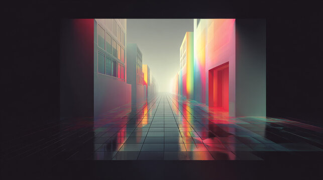 Vibrant Futuristic City Street with Colorful Reflections