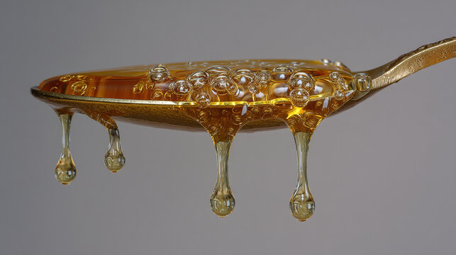 Golden honey dripping from ornate spoon on gray background