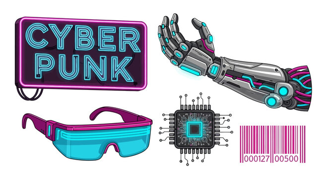 Futuristic cyberpunk-themed accessories and gadgets illustration