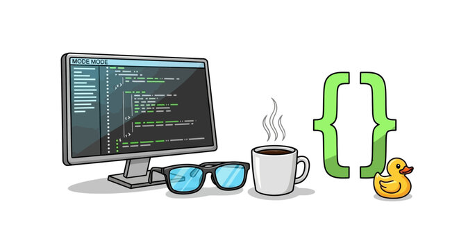 Developer enjoying a coffee break with a touch of whimsical coding companionship