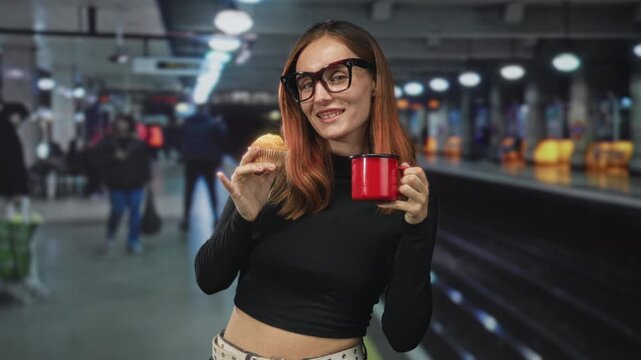 Woman smiling and holding a red enamel mug and a muffin on a crowded train platform inside a station building; happy pause.