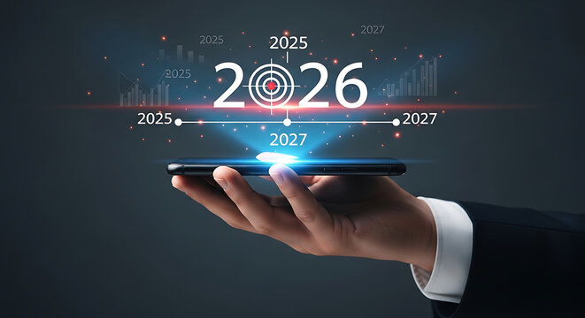 Strategic future planning for 2026 projected holographically from a smartphone, symbolizing business goals, technological foresight, and target achievement on a digital timeline