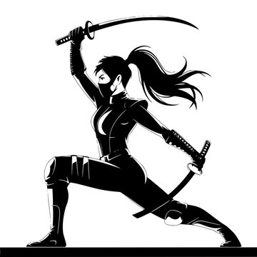 Female ninja poses dynamically with dual swords in a powerful stance