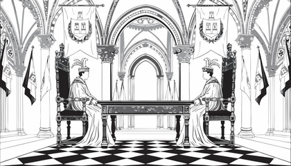 Fototapeta premium Two men in medieval robes sitting at a table in a Gothic hall