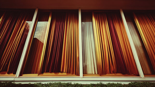 Retro Architectural Windows with Warm Curtains and Sky Reflection
