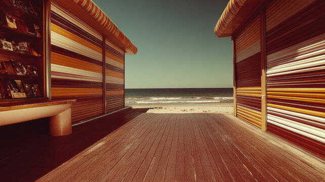 Retro Beach Huts Framing Ocean View on a Sunny Day