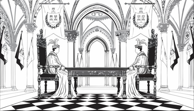 Two men in medieval robes sitting at a table in a Gothic hall