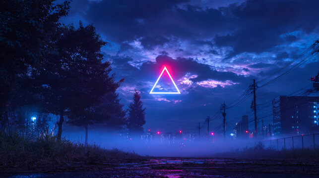 Neon Triangle Over a Foggy Cyberpunk Cityscape at Night