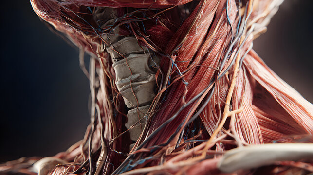 A comprehensive visual representation of the cervical spine and shoulder region with clinical and diagnostic features.