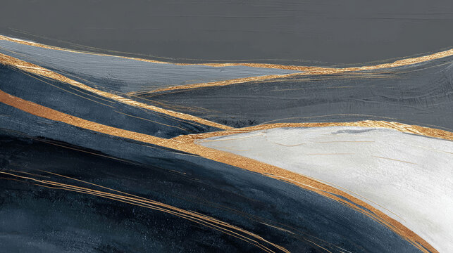 Elegant Abstract Painting with Gold and Dark Blue Tones