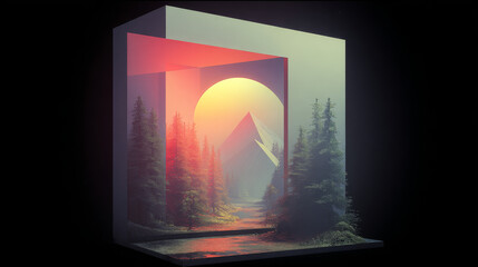 Naklejka premium Surreal Forest Landscape with Geometric Frames and Glowing Sun