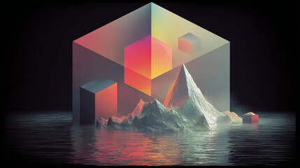 Abstract Geometric Landscape with Translucent Cubes and Mountains on Water