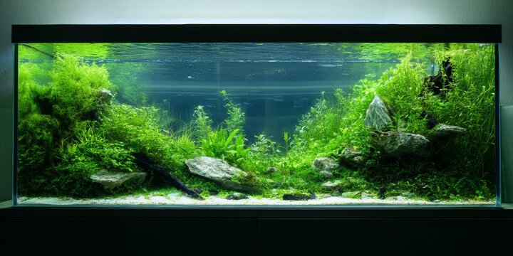 A close-up view of a fresh water aquarium with various types of aquatic plants and rocks. The tank is home to different species of fish, creating a vibrant underwater ecosystem.