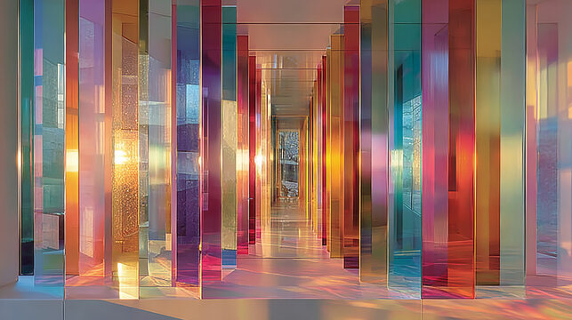 Vibrant Iridescent Glass Panels Reflecting Sunlight in a Modern Hallway