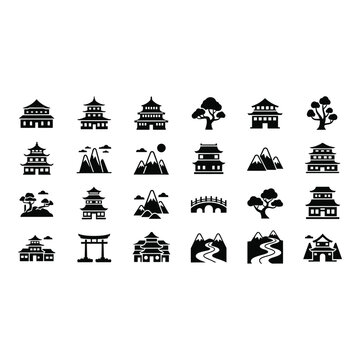 Collection of black and white japanese architecture and landscape icons on a vactor file