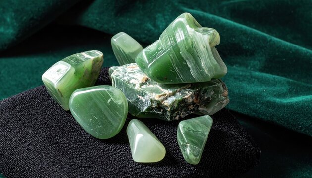 Artfully arranged collection of polished and raw jade fragments resting on a dark textured surface, showcasing their natural beauty and serene green hues.