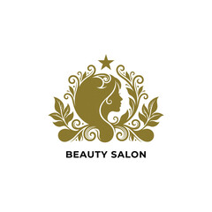 Obraz premium Elegant Beauty Salon Logo Featuring Woman Silhouette and Floral Design.