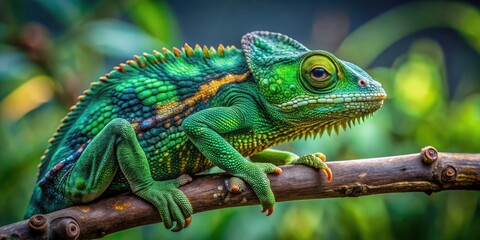 Obraz premium A Vibrant Green Chameleon Perched on a Branch, Showcasing its Intricate Scales and Striking Coloration in a Lush Natural Habitat