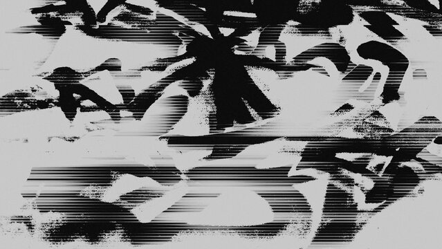 Monochrome digital distortion with scanline artifacts and pixelated floral patterns. Gritty signal corruption texture creates a high-contrast abstract overlay for underground music posters.