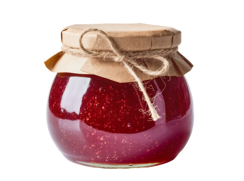 Isolated delicious homemade red fruit jam in a glass jar with rustic paper and twine lid