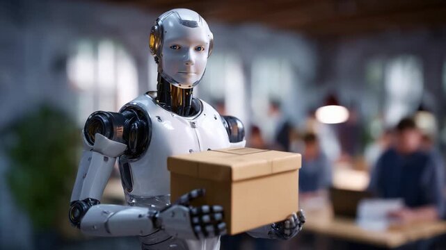 A humanoid robot with a sleek design holds a cardboard box, showcasing advancements in automation and robotics in a modern workspace environment.