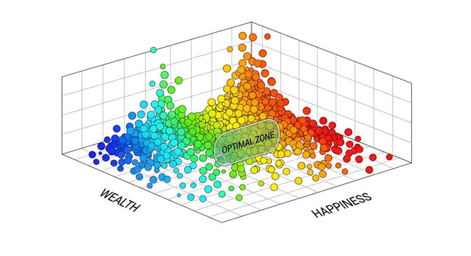 A 3D scatter plot illustrating the relationship between wealth, happiness, and an optimal zone for success and well-being.