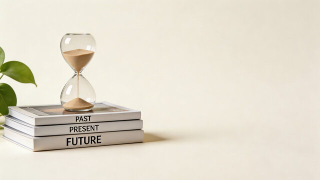 Hourglass on books with past present future, time concept and life balance