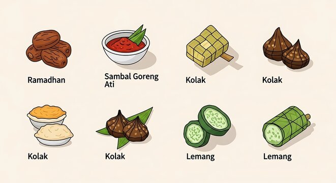 Assortment of eight food illustrations in isometric perspective, depicting various dishes with labels underneath