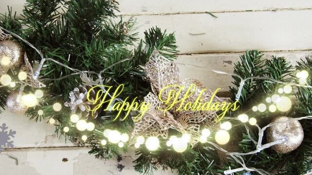 Animation of text, happy holidays, in yellow, over string lights and christmas decorations