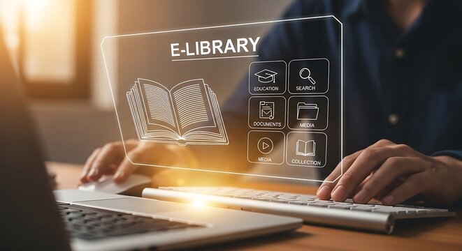 E library concept with a person using a laptop