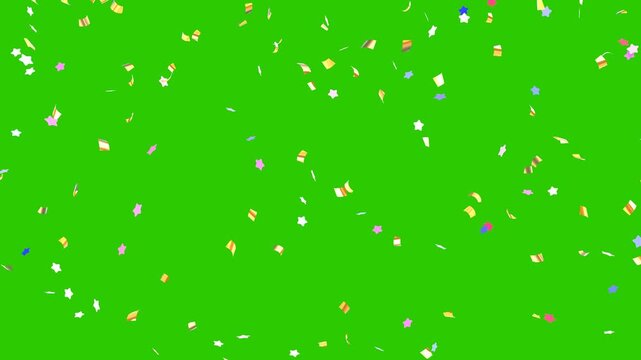 Gold confetti falling on green screen background. gold confetti rain with alpha channel. golden confetti falling animation isolated chroma key overlay. 4k seamless loop, festive celebration overlay.