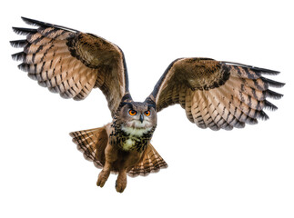Fototapeta premium Isolated striking Eurasian eagle-owl in full flight, wings outstretched, powerful orange eyes.