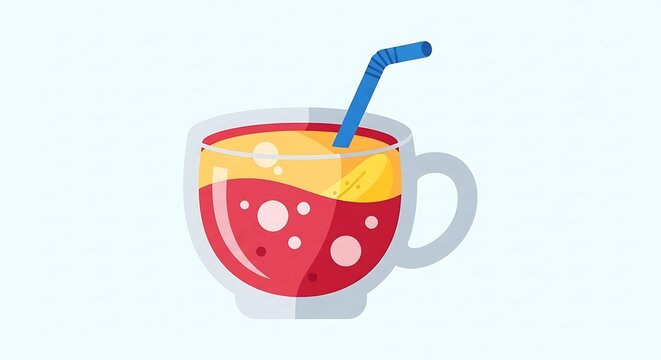 Cartoon illustration featuring a two-toned beverage in a transparent mug with a blue straw. Colorful drink with bubbles