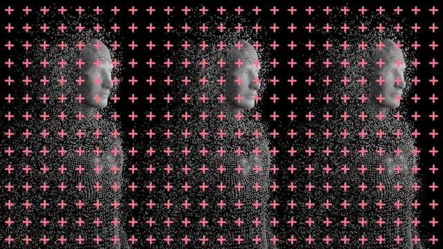 Animation of crosses over human models on black background