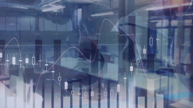 Animation of financial data processing over office and african american basketball player