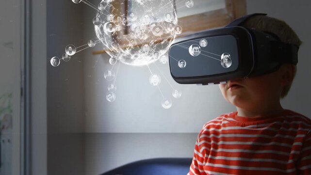 Animation of globe with icons over caucasian child using vr headset