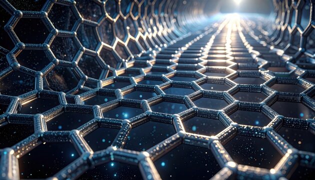 Interlocking hexagonal carbon nanotubes forming an abstract microscopic structure with glowing light