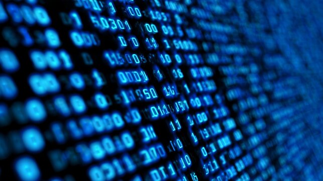 Abstract background of blue binary code numbers displaying on a screen, representing digital information and technology