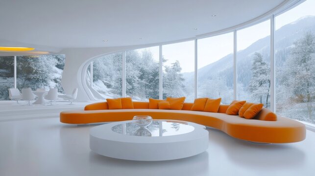 Modern indoor curved orange sofa and snow scene