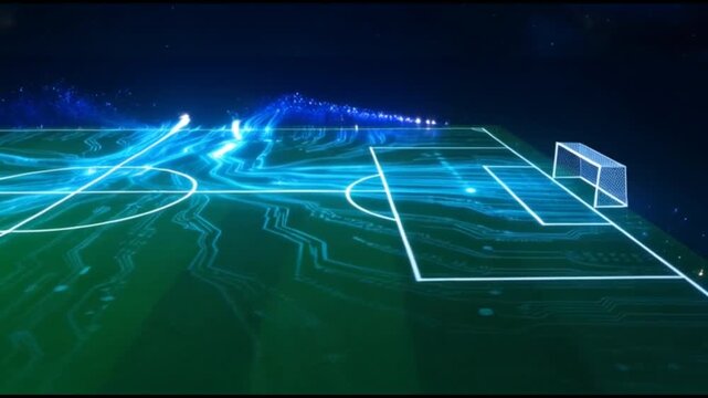 Futuristic stadium digital soccer field and virtual football pitch with glowing line grid, blue light night match cyber pattern sports arena turf, technology concept goal post data stream innovation