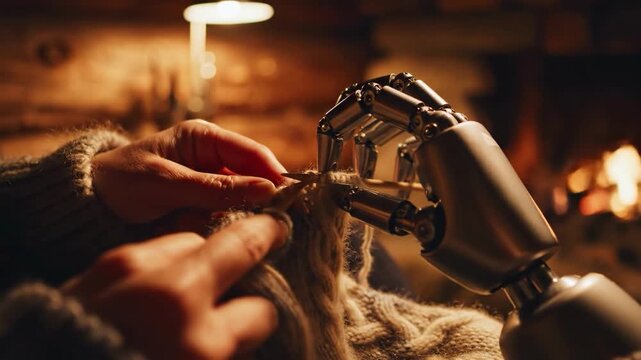 Person knitting with robotic hand assistance indoors