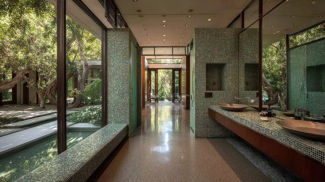 Luxurious indoor space featuring floor to ceiling glass walls overlooking a lush outdoor garden area