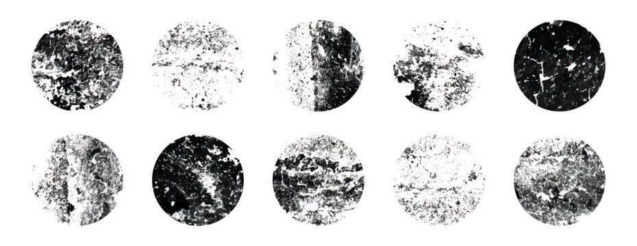 Set of grunge circle texture, distressed ink round stamp shapes, abstract black rough print background