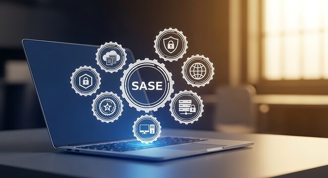 Secure access service edge sase concept displayed on laptop screen with glowing digital network security icons in office